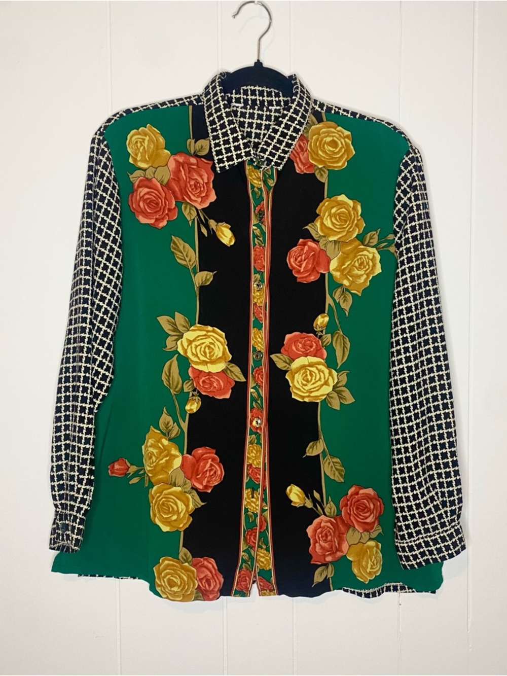 Floral Green & Black Button-Up Blouse with Rose Print